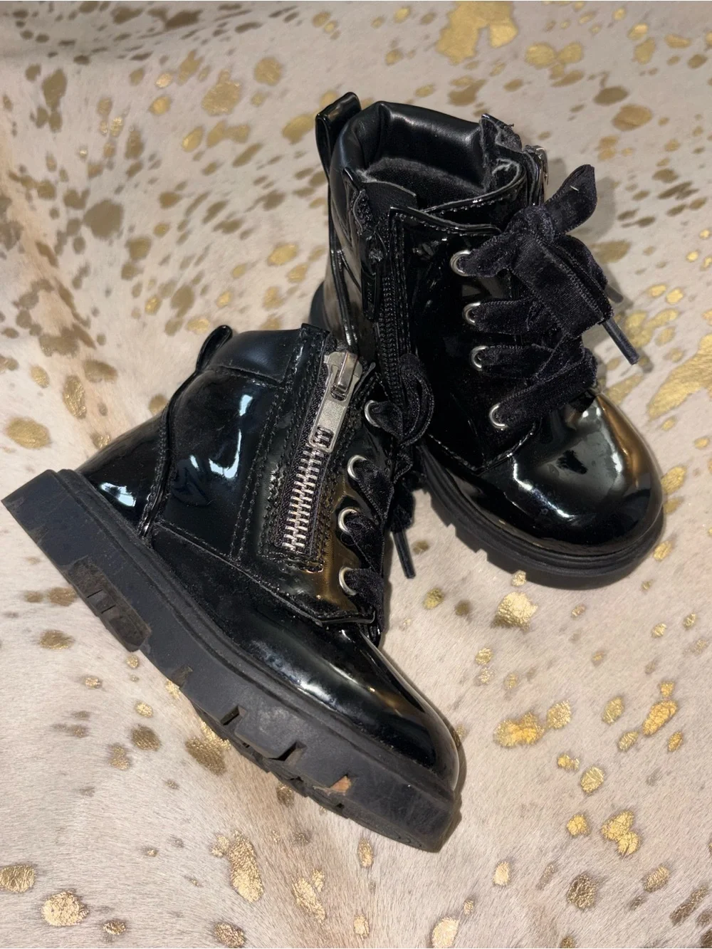 Kids Black Patent Zip-Up Ankle Boots with Velvet Laces
